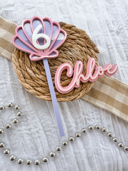 Personalised Sea Shell Cake Topper | 2 Piece Mermaid Underwater Birthday Party Decor