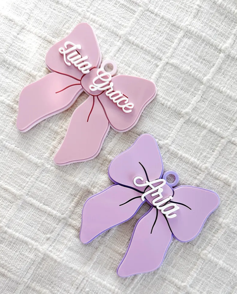 Personalised Acrylic Bow Bag Tag | Custom Name Backpack & Bag Tag | Ribbon Girls Easter Basket Tag