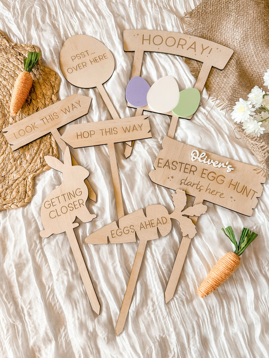 Personalised Easter Egg Hunt Wooden Sign Set | 7 Kids Easter Garden Stakes | Outdoor Easter Spike Decorations