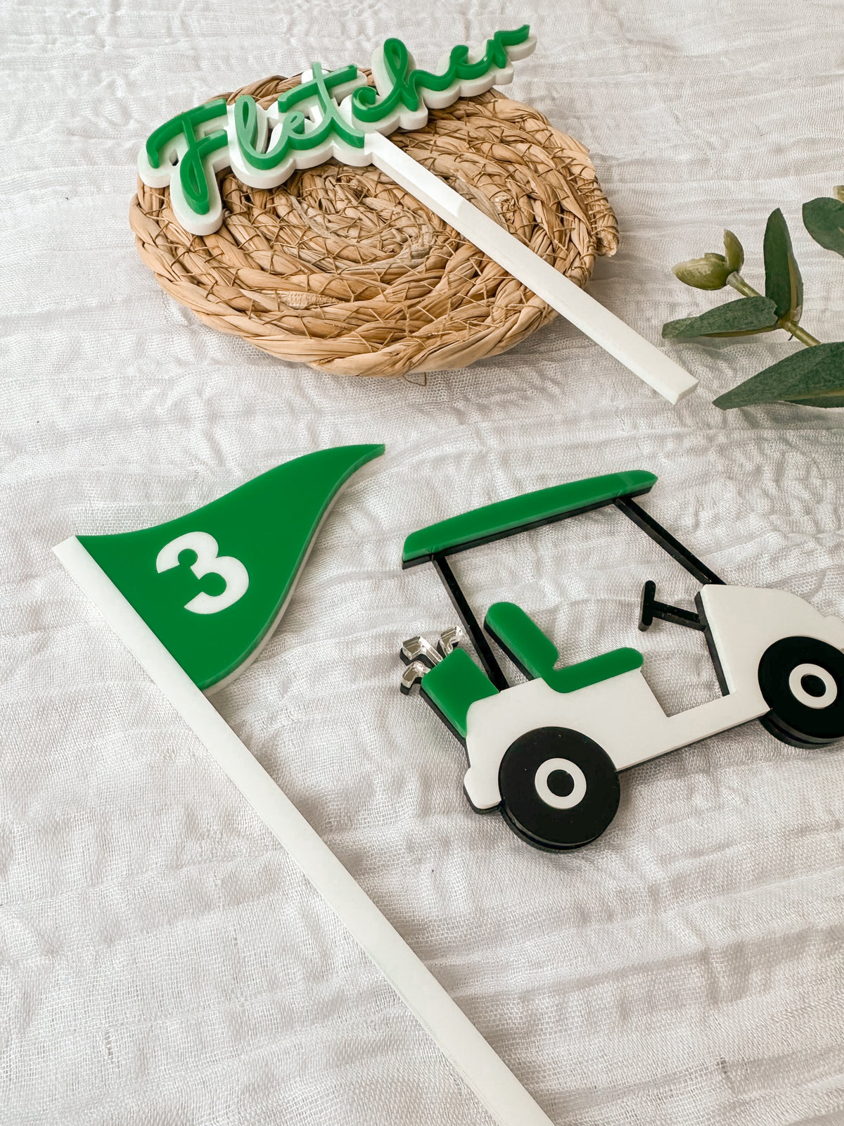 Custom Golf Cart and Flag Name Cake Topper Set | Golf Birthday Party Acrylic Decoration