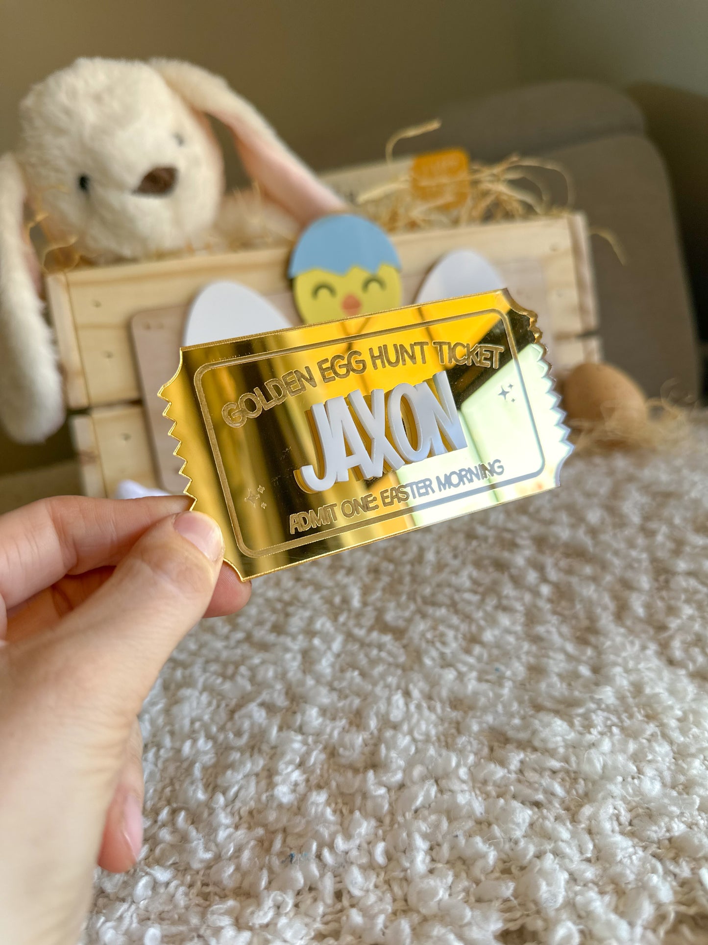 Personalised Easter Egg Hunt Ticket | Gold Acrylic Admit One Easter Ticket for Kids