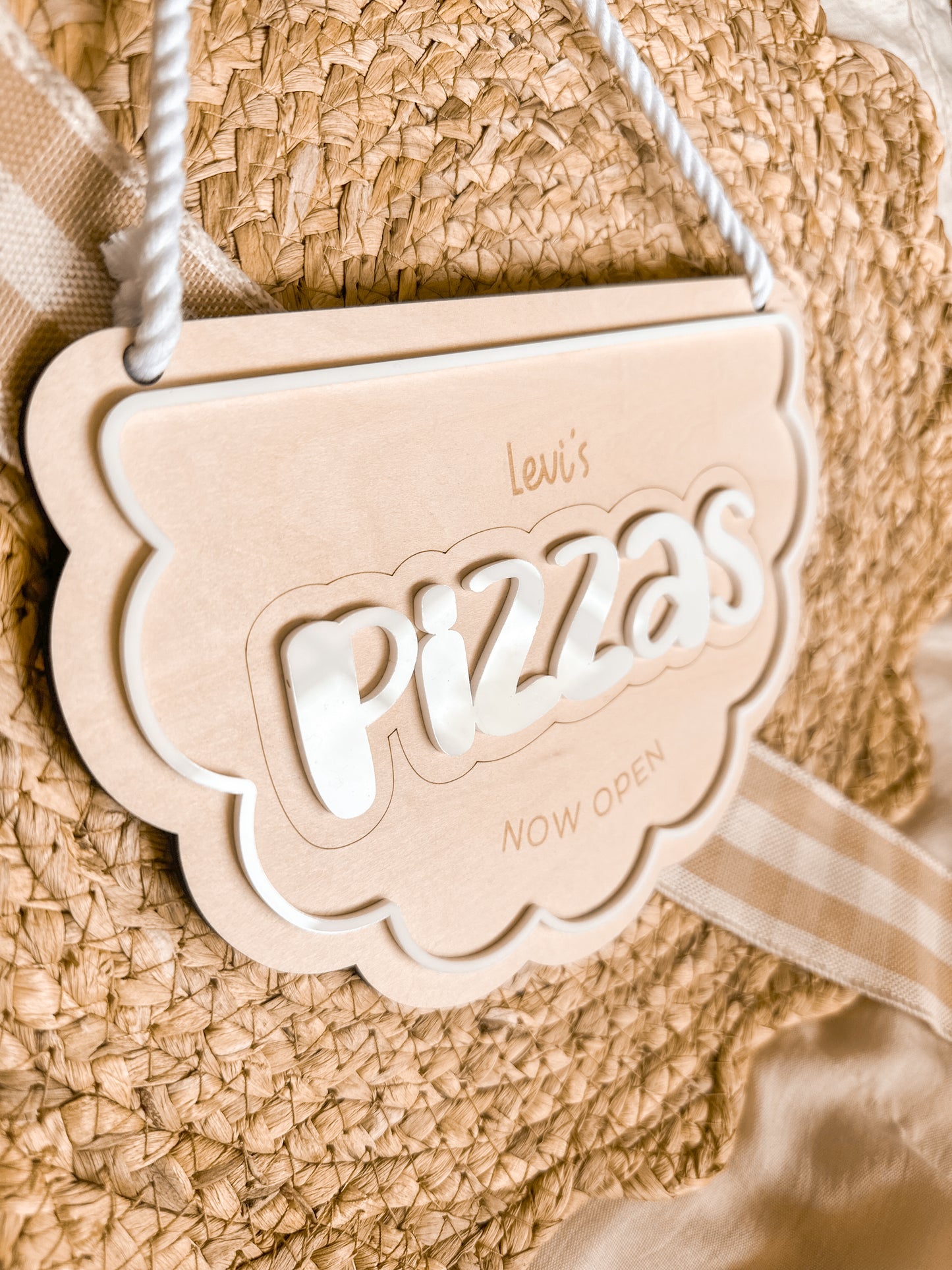 Personalised Kids Play Pizza Café Banner Sign | Wooden Engraved Restaurant Role Play Sign