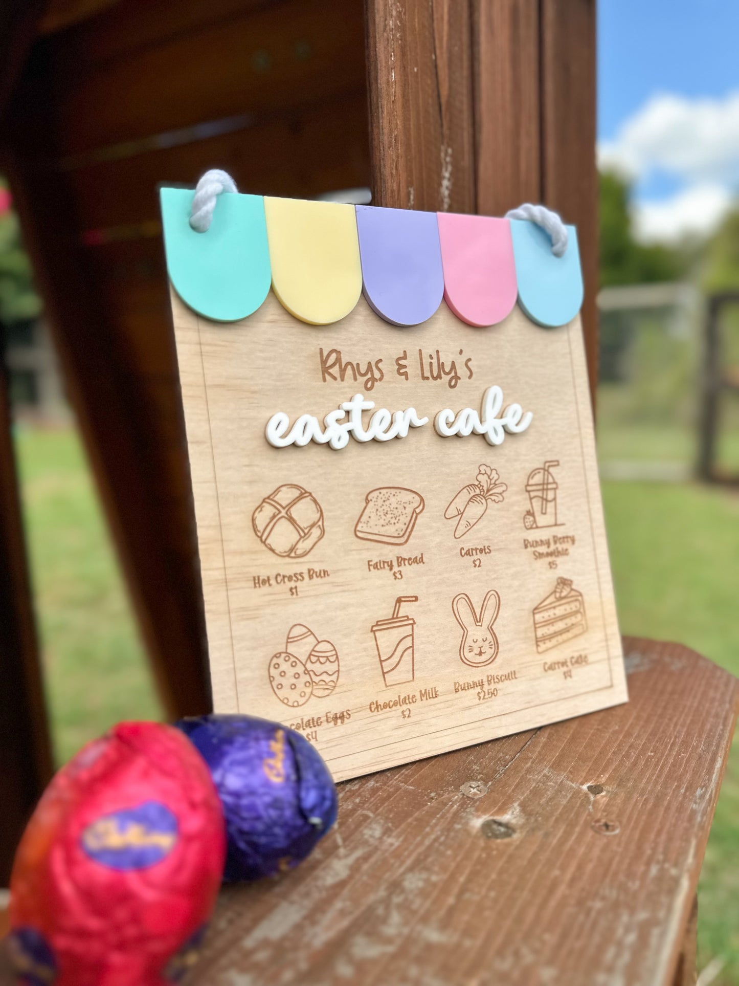 Personalised Easter Kids Play Café Menu Sign | Wooden Engraved Bunny Café Menu | Custom Easter Pretend Play Sign