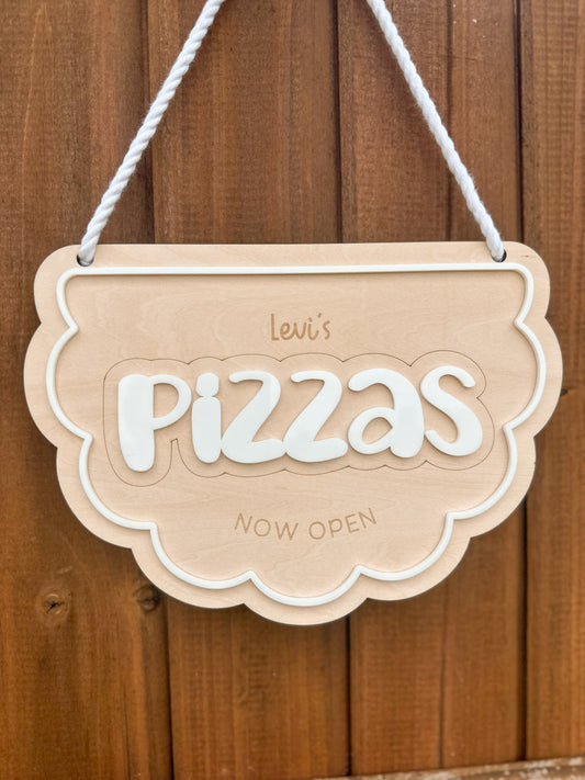 Personalised Kids Play Pizza Café Banner Sign | Wooden Engraved Restaurant Role Play Sign