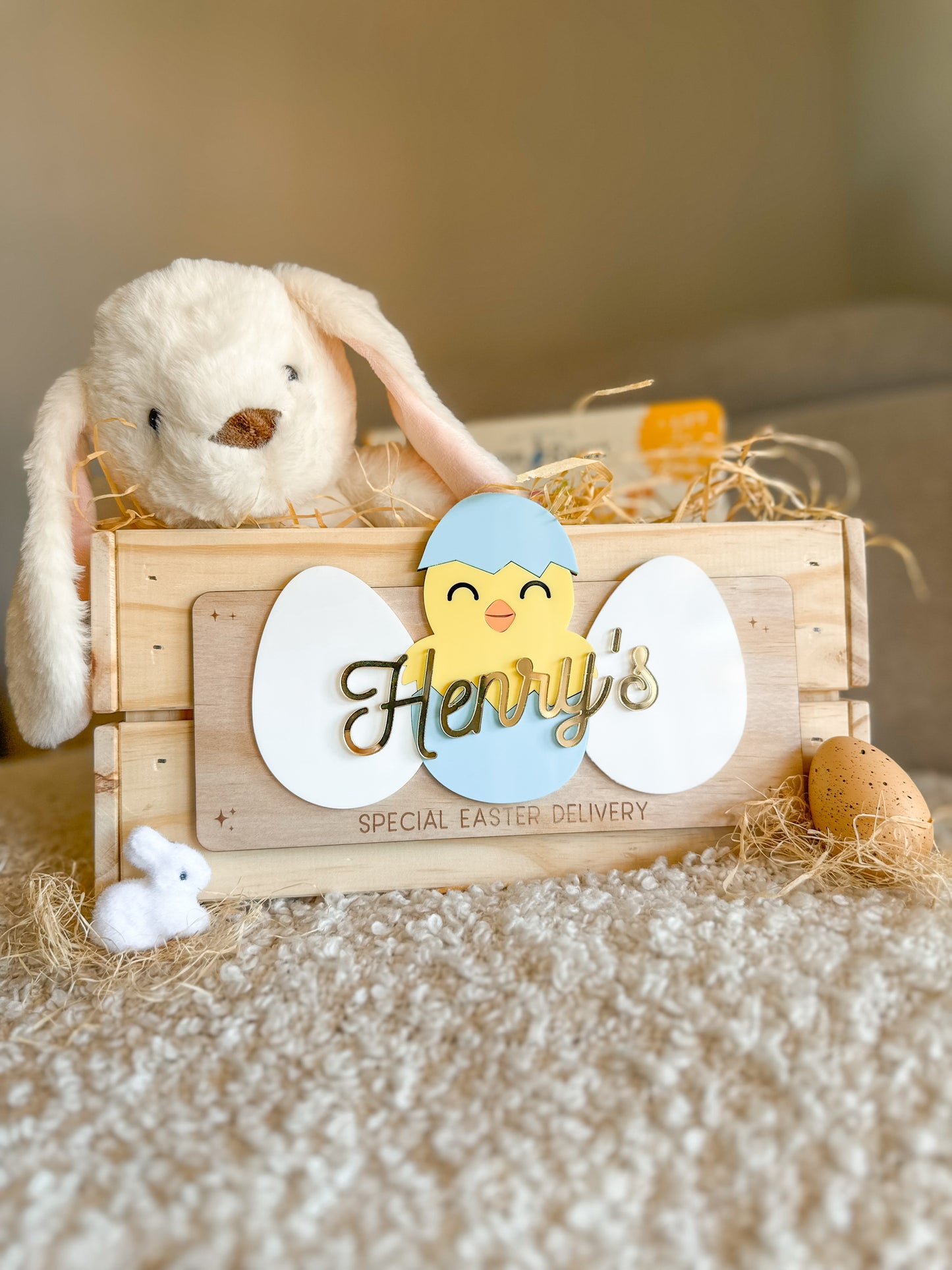Personalised Easter Crate Plaque | Baby Chick & Easter Eggs Basket Name Sign