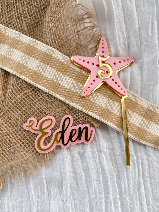 Personalised Starfish Birthday Cake Topper | Acrylic Name Fropper | Mermaid Underwater Party Decor