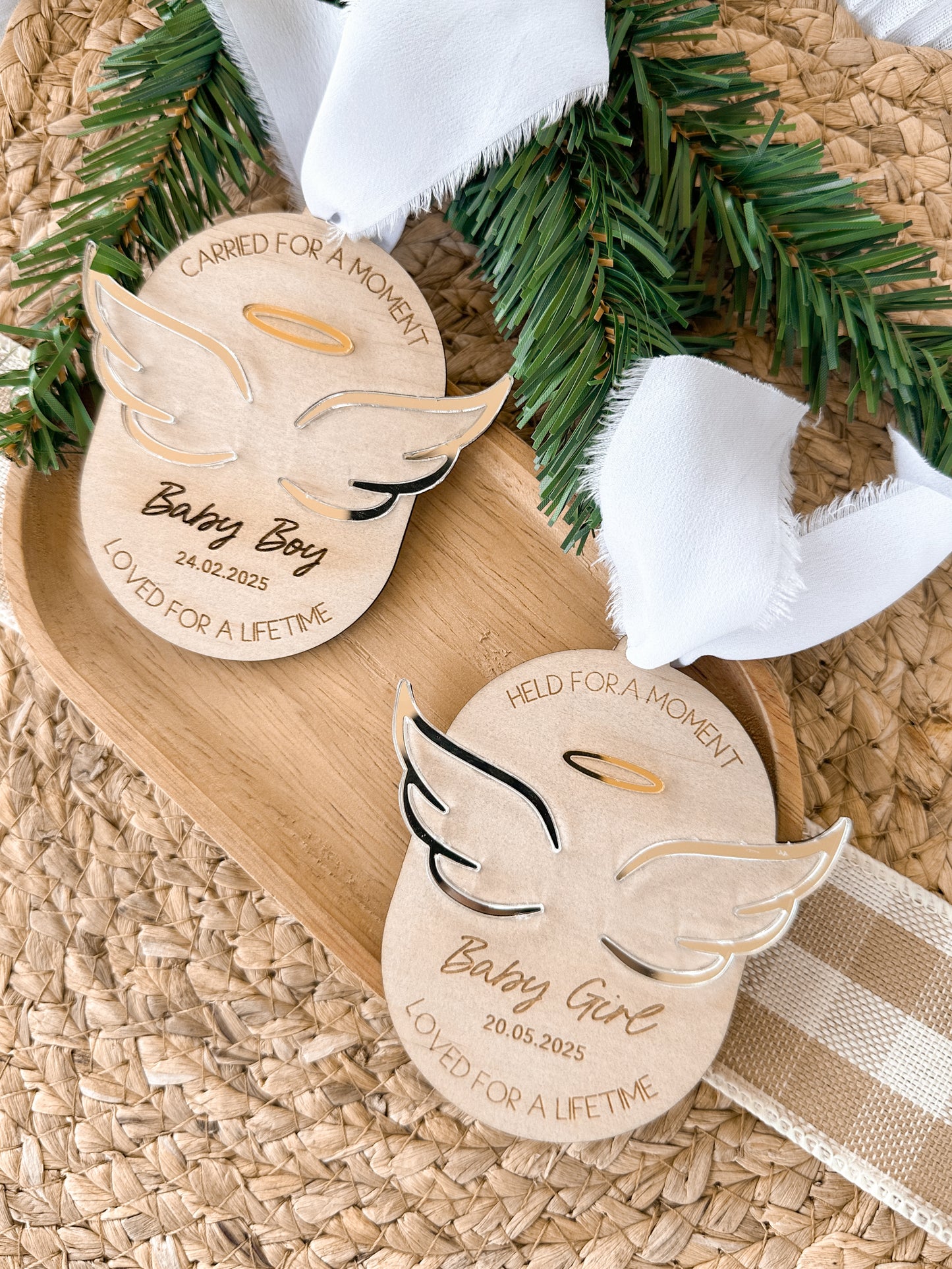 personalised memorial angel wing christmas ornament for christmas tree, mirror acrylic and wooden engraved custom ornament, angel wing and halo design