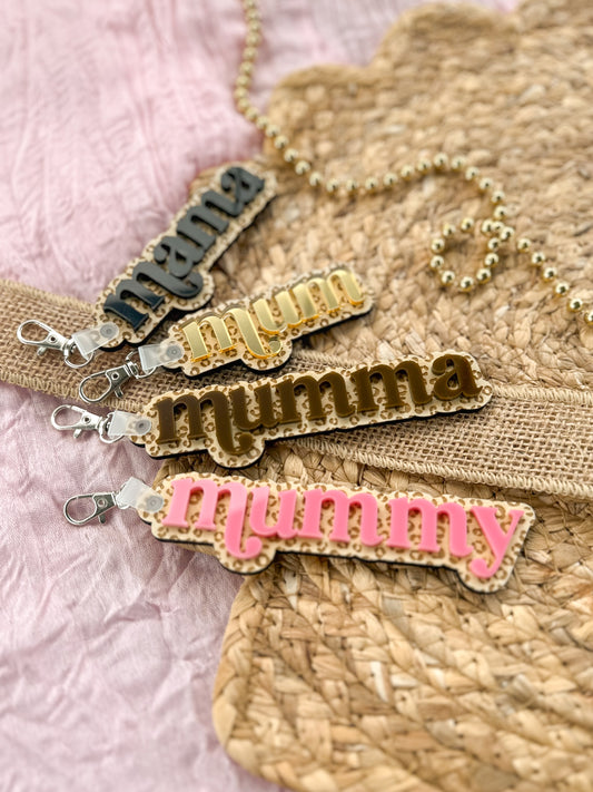 Personalised Leopard Print Mum Keyring | Custom Mama Acrylic Name Keychain | Engraved Wooden Gift for Mum | Mothers Day Gift