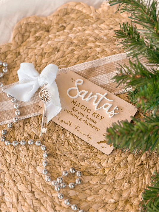 Santa's magic key with personalised engraved wooden key tag for house without a chimney