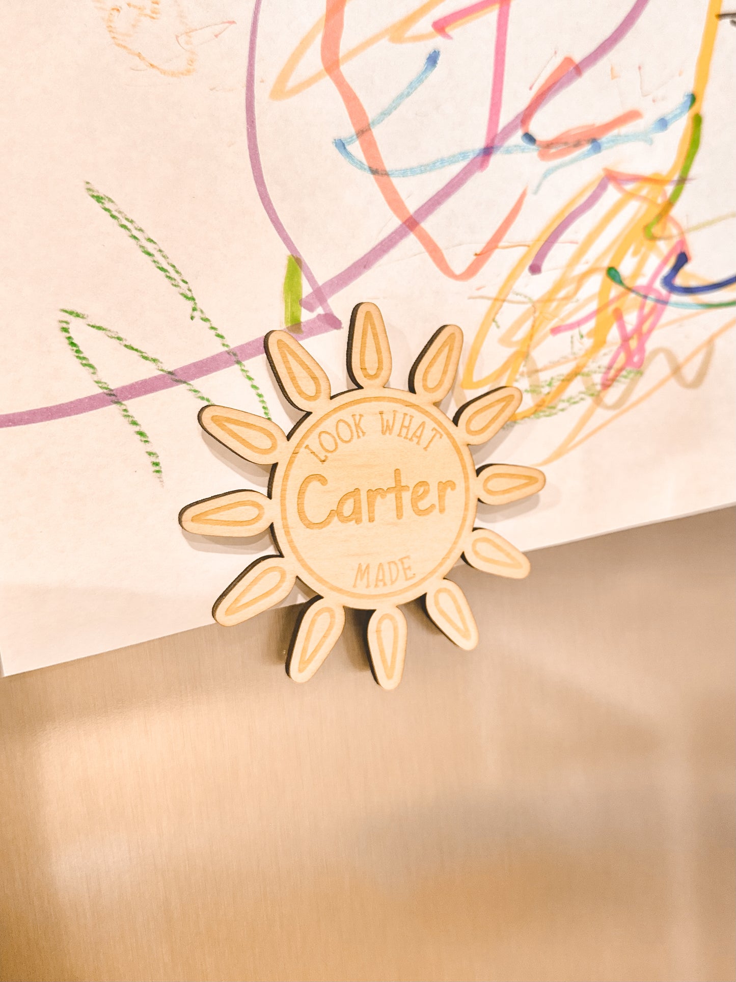 Personalised wooden magnets for kids to display their artworks on the fridge, custom engraved magnets