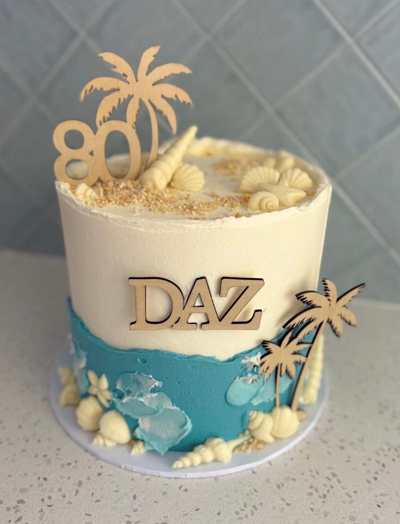 Personalised Wooden Cake Topper Set |Personalised Beach & Palm Tree Wooden Cake Topper Set | Tropical Birthday Cake Decorations | Natural Wooden Party Décor