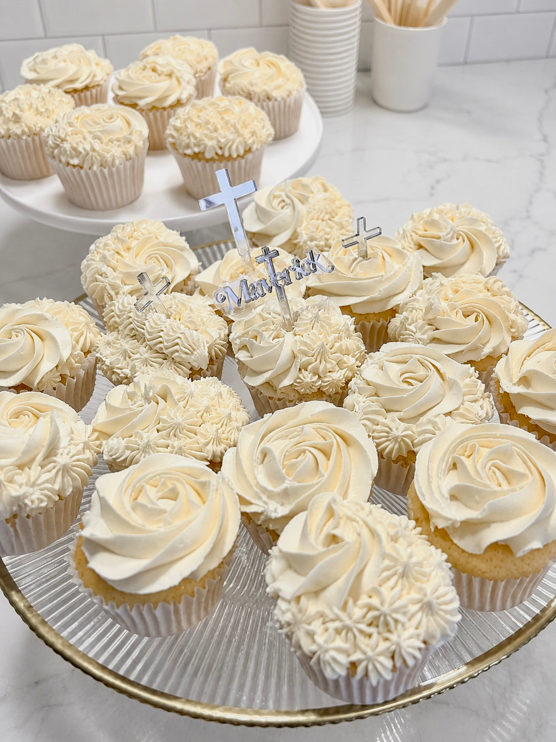 Personalised Christening Cupcake Toppers | Gold or Silver Cross Baptism Cake Decorations