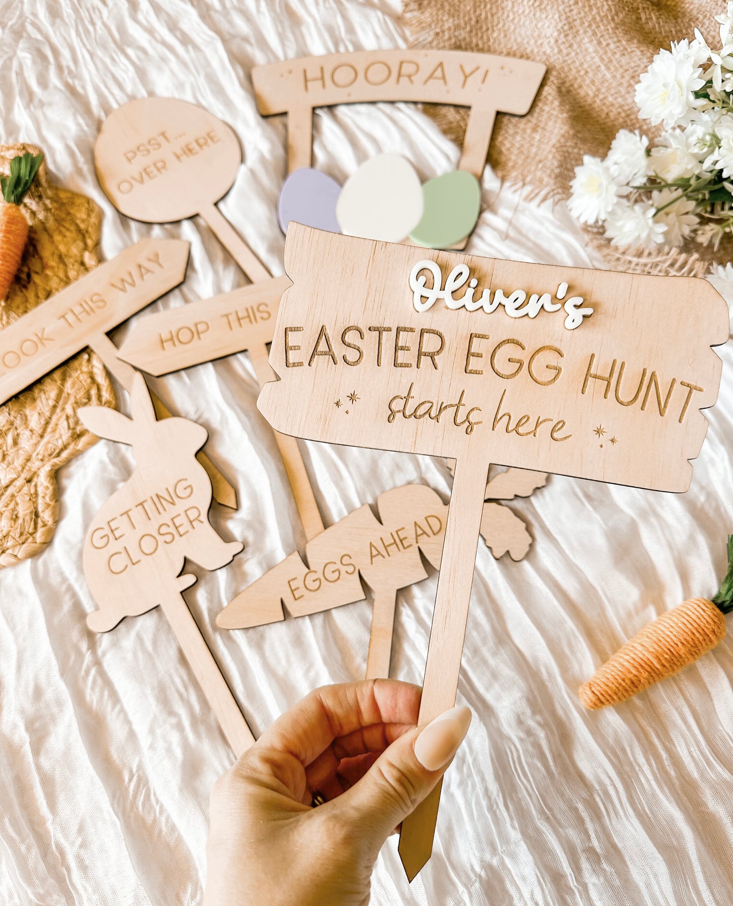 Personalised Easter Egg Hunt Wooden Sign Set | 7 Kids Easter Garden Stakes | Outdoor Easter Spike Decorations