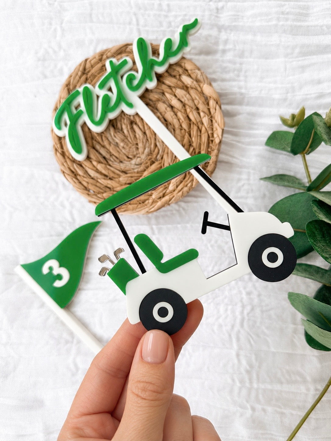 Custom Golf Cart and Flag Name Cake Topper Set | Golf Birthday Party Acrylic Decoration