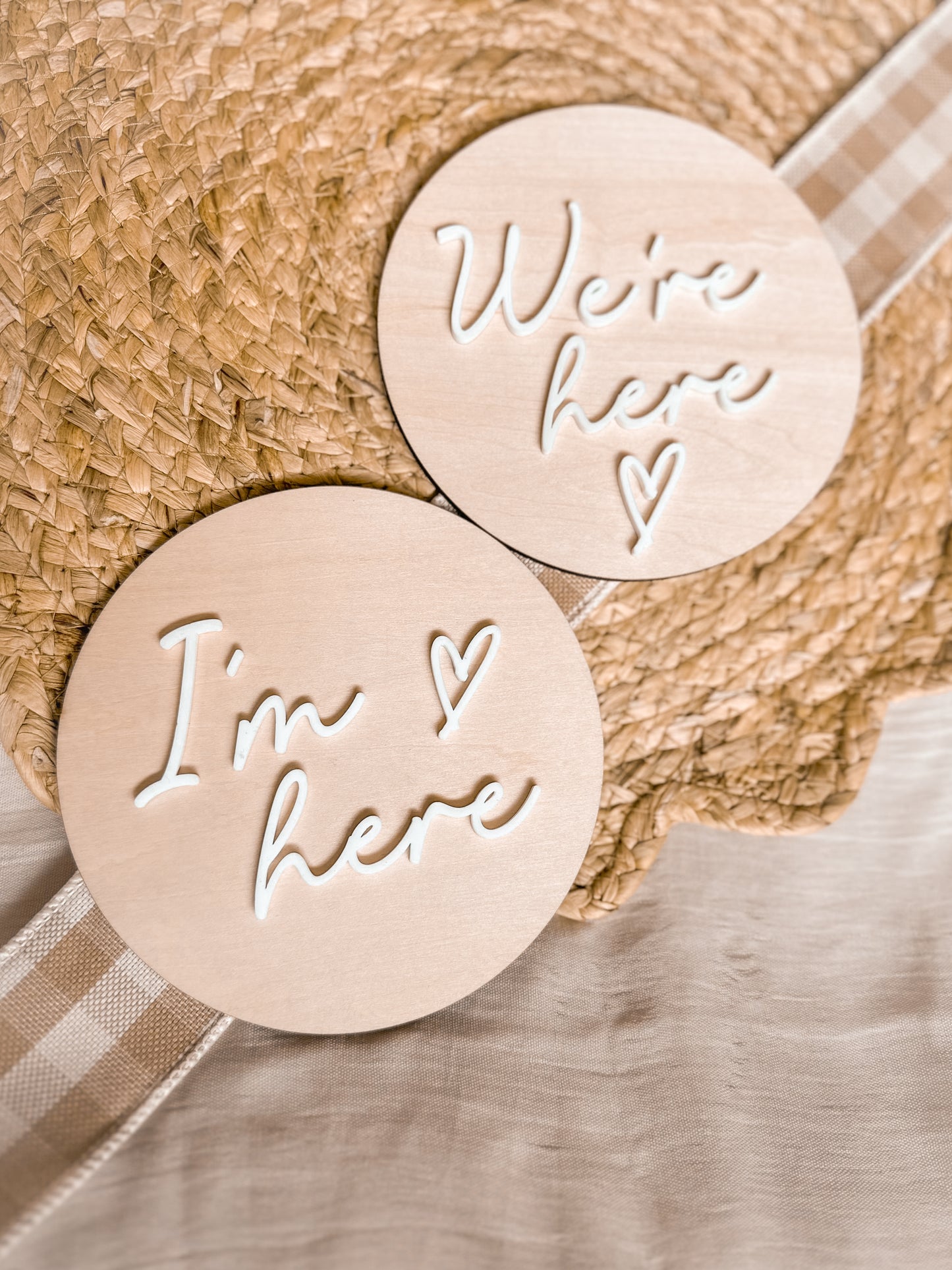 Wooden & Acrylic Baby Announcement Plaque | I’m Here / He’s Here / She’s Here / We’re Here