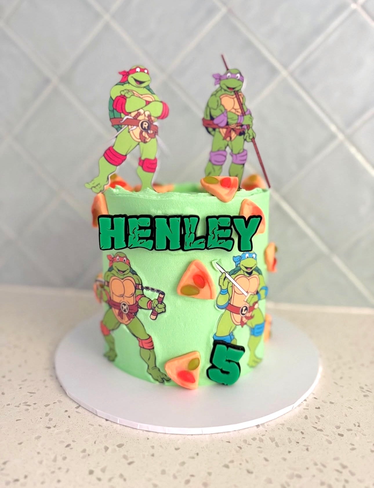 Personalised Turtle Hero Cake Froppers | Custom Green Name & Age Cake Topper | Kids Action Birthday Cake Decoration