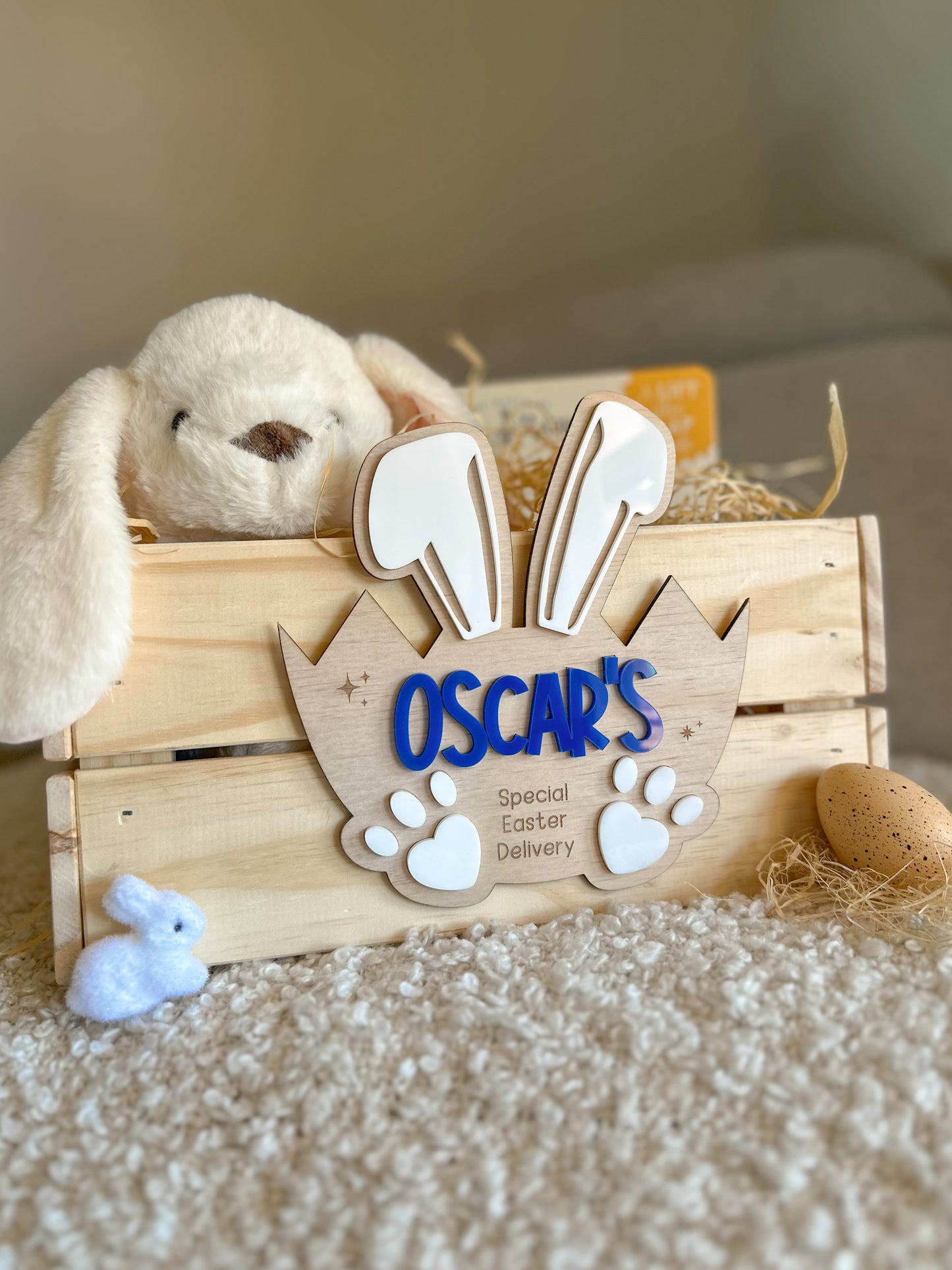 Personalised Easter Crate Plaque | Cracked Egg Bunny Design Easter Basket Name Sign