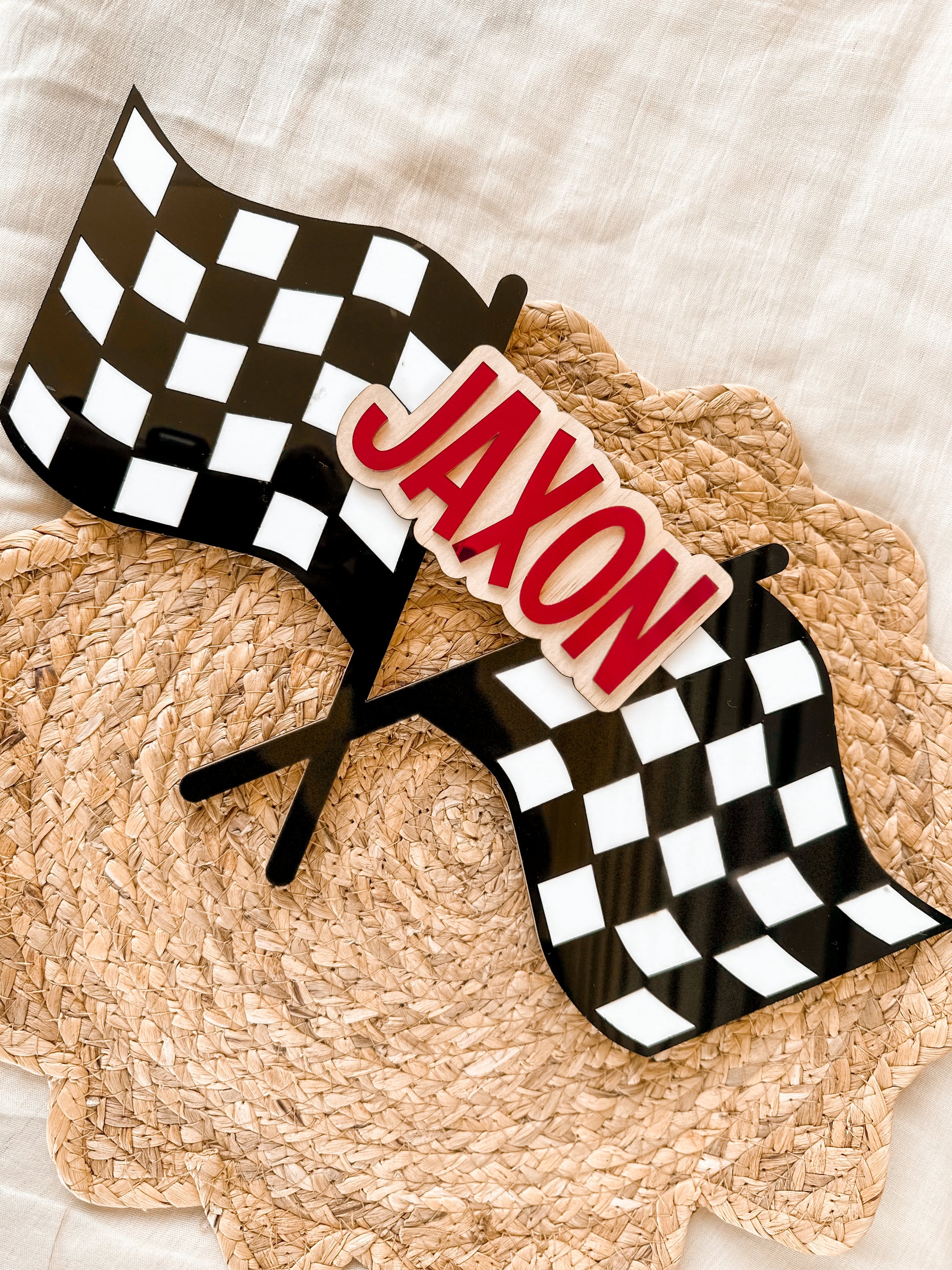 Car racing room name name sign with checkered flags