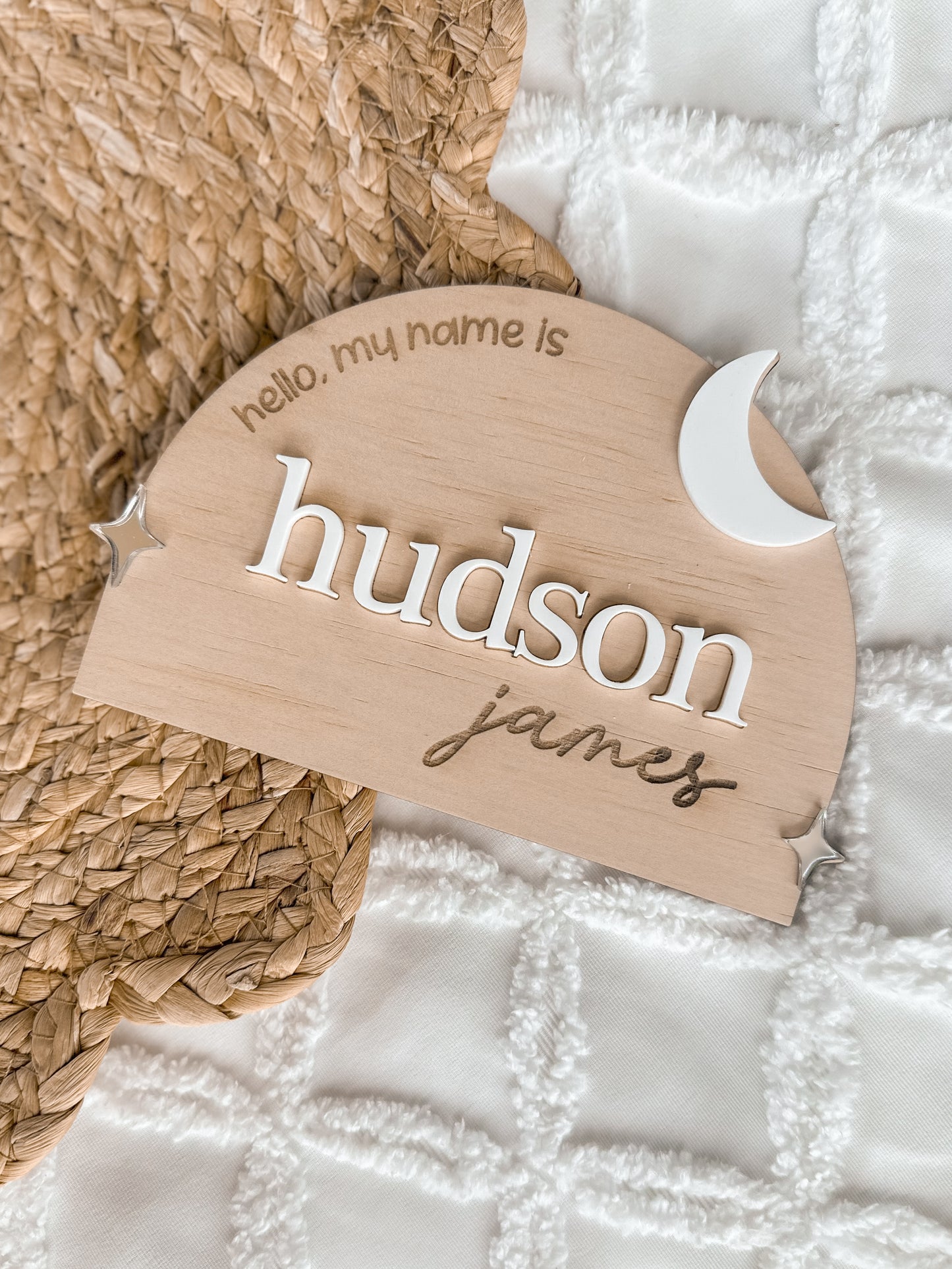 Personalised Baby Birth Name Announcement Plaque | Stars & Moon Wooden Sign