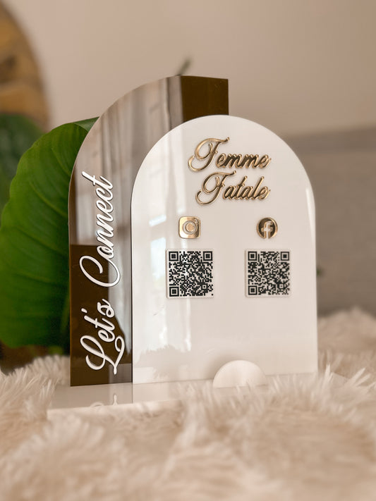 Personalised Acrylic Social Media QR Display Stand | Custom Business Counter Sign