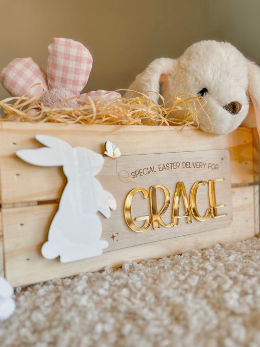 Personalised Easter Crate Plaque with Acrylic Bunny & Gold Butterfly | Custom Wooden Easter Basket Name Sign