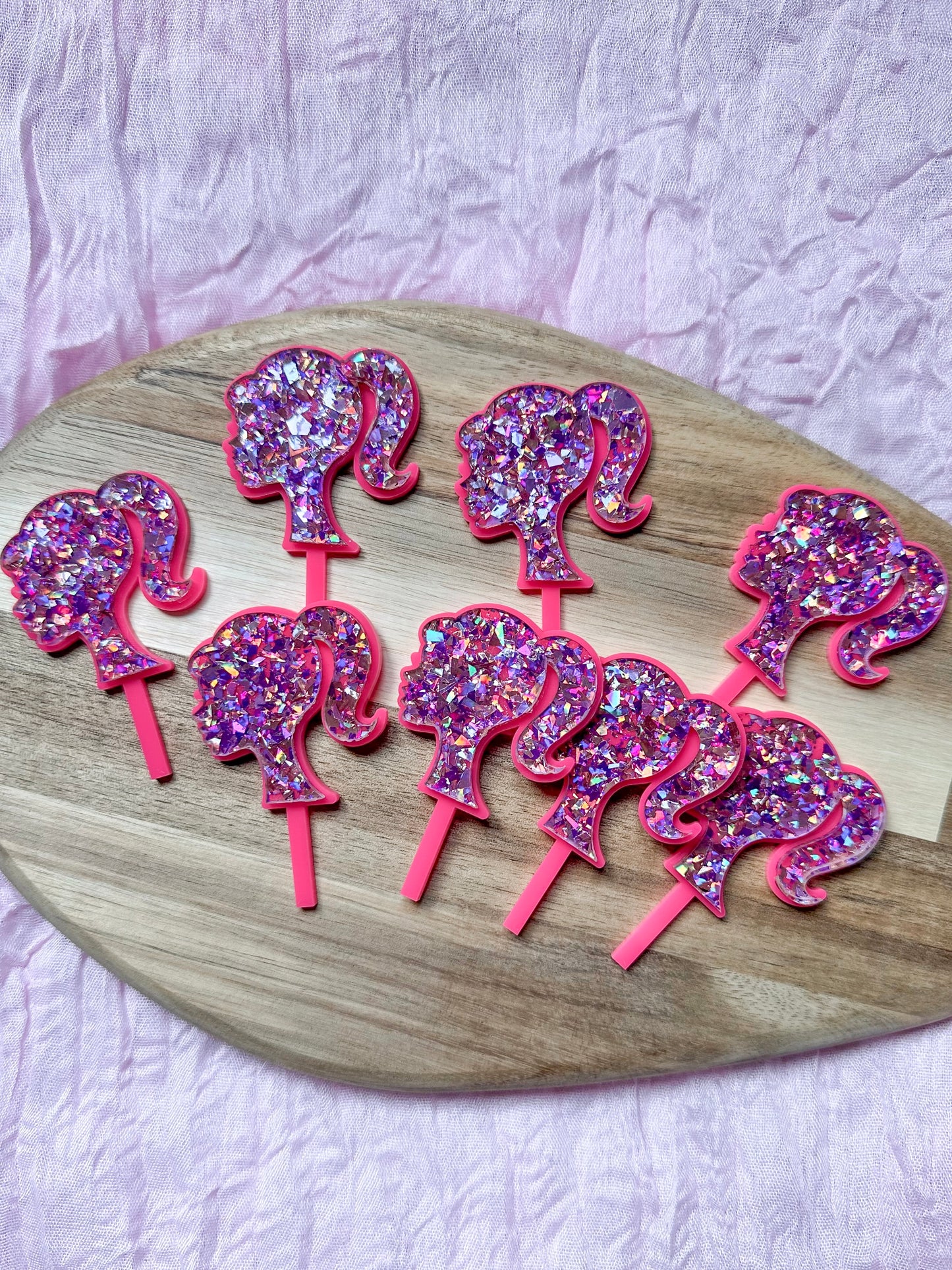 Pink Doll Head Cupcake Toppers | Girls Fashion Acrylic Glitter Cake Picks | Birthday Party Decorations