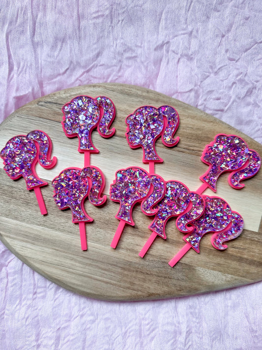 Pink Doll Head Cupcake Toppers | Girls Fashion Acrylic Glitter Cake Picks | Birthday Party Decorations