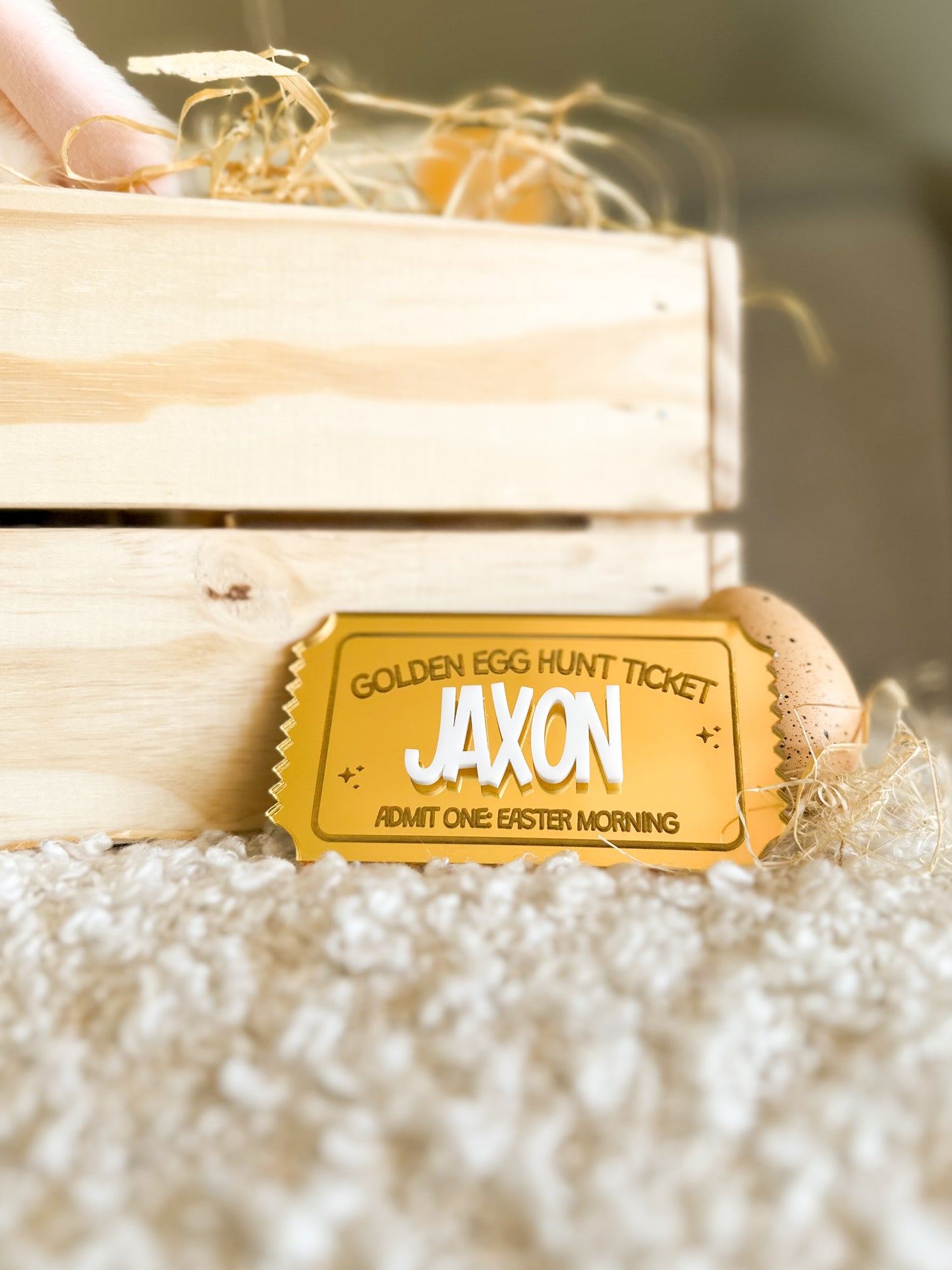 Personalised Easter Egg Hunt Ticket | Gold Acrylic Admit One Easter Ticket for Kids