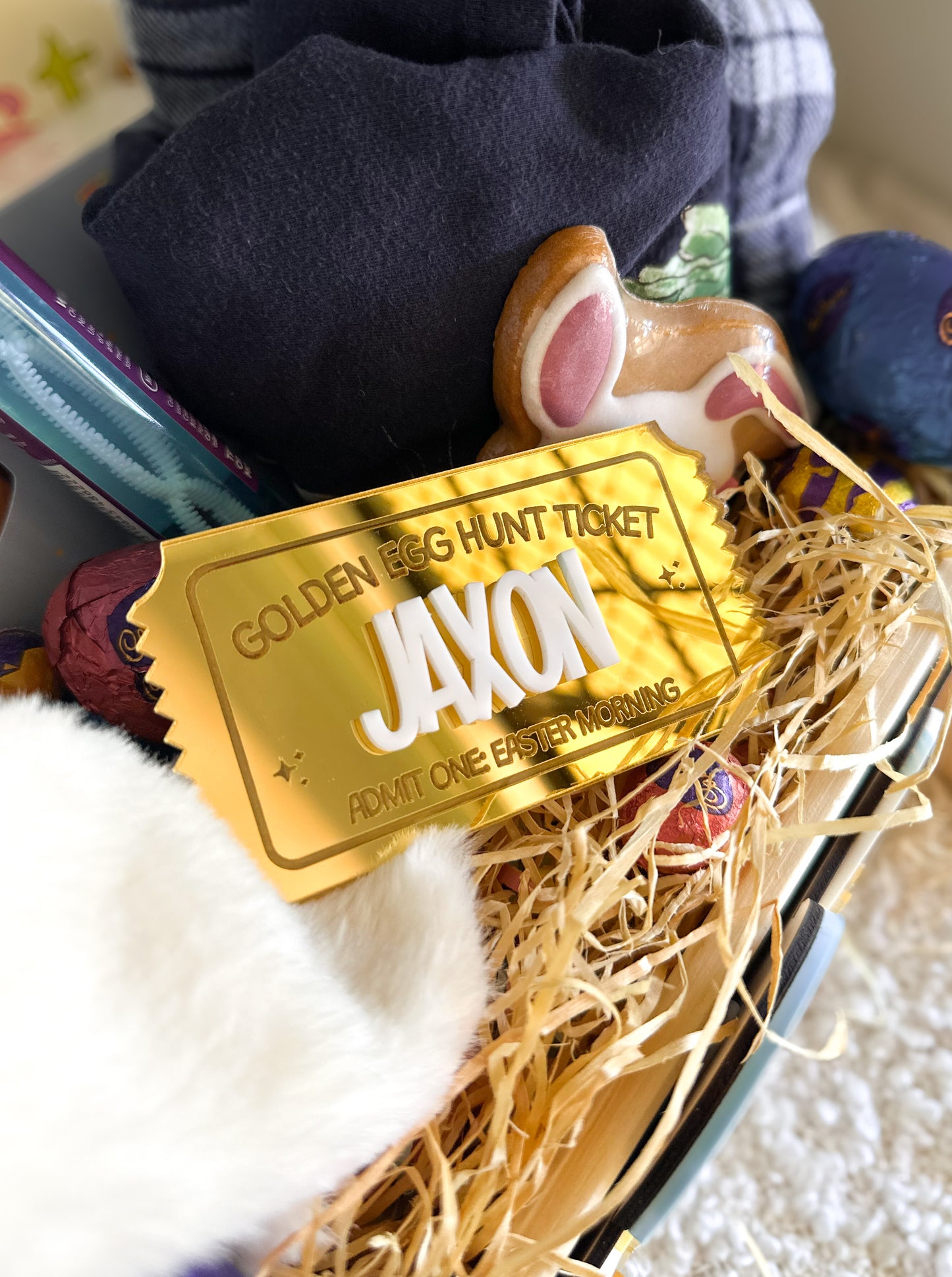 Personalised Easter Egg Hunt Ticket | Gold Acrylic Admit One Easter Ticket for Kids