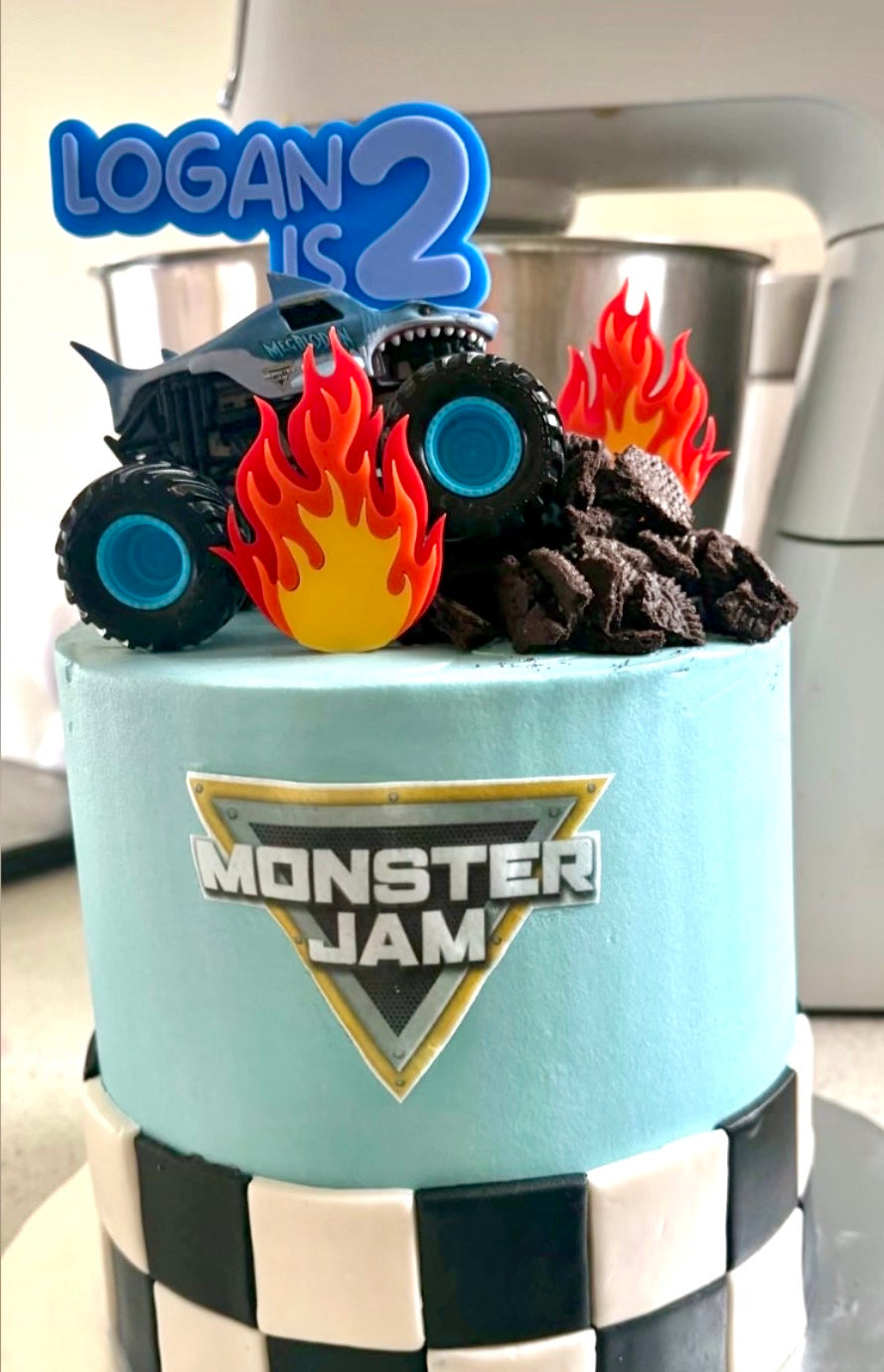 Personalised Monster Truck Cake Topper Set | Fire Flame Toppers | Racing Car Birthday Decoration