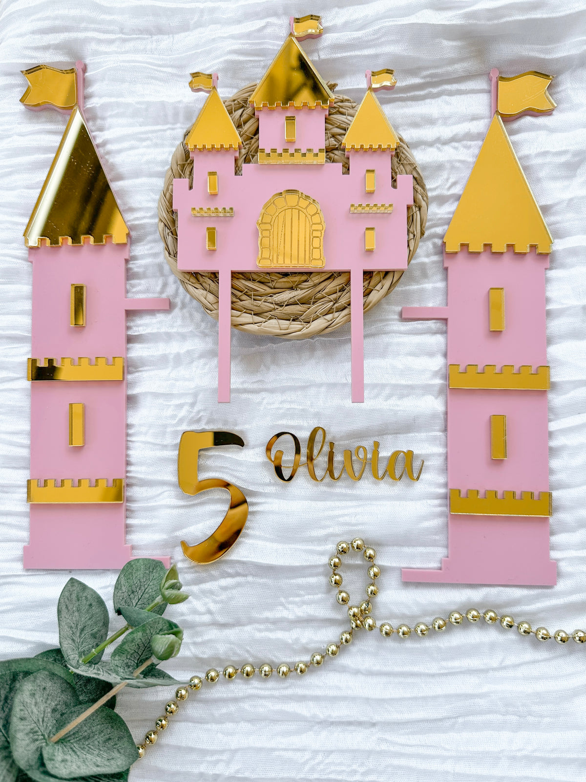 Personalised Princess Castle Cake Topper Set | 5 Piece Acrylic Birthday Decor