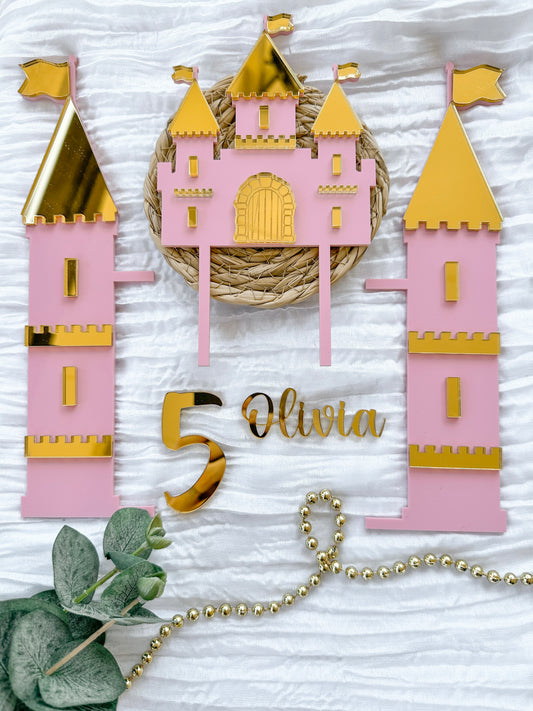 Personalised Princess Castle Cake Topper Set | 5 Piece Acrylic Birthday Decor