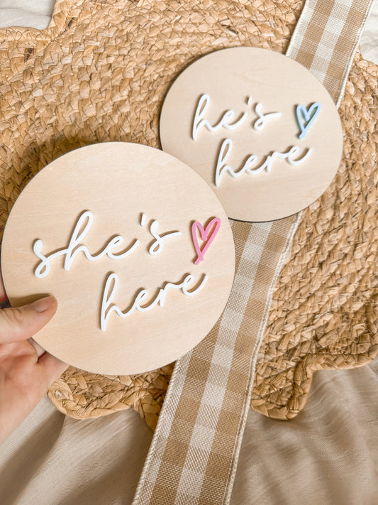 Wooden & Acrylic Baby Announcement Plaque | I’m Here / He’s Here / She’s Here / We’re Here