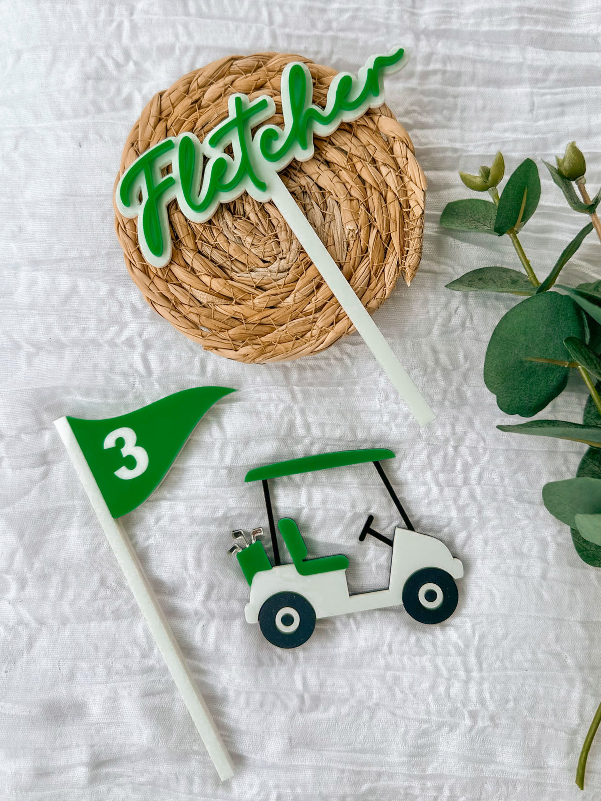Custom Golf Cart and Flag Name Cake Topper Set | Golf Birthday Party Acrylic Decoration