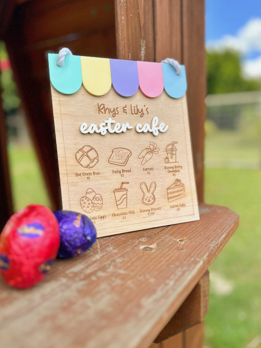 Personalised Easter Kids Play Café Menu Sign | Wooden Engraved Bunny Café Menu | Custom Easter Pretend Play Sign