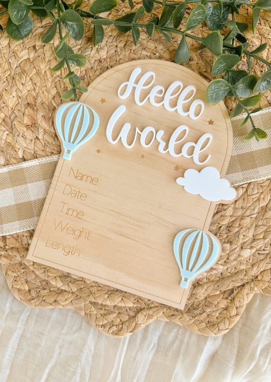 Hello World Birth Announcement Plaque | Hot Air Balloons New Baby Sign