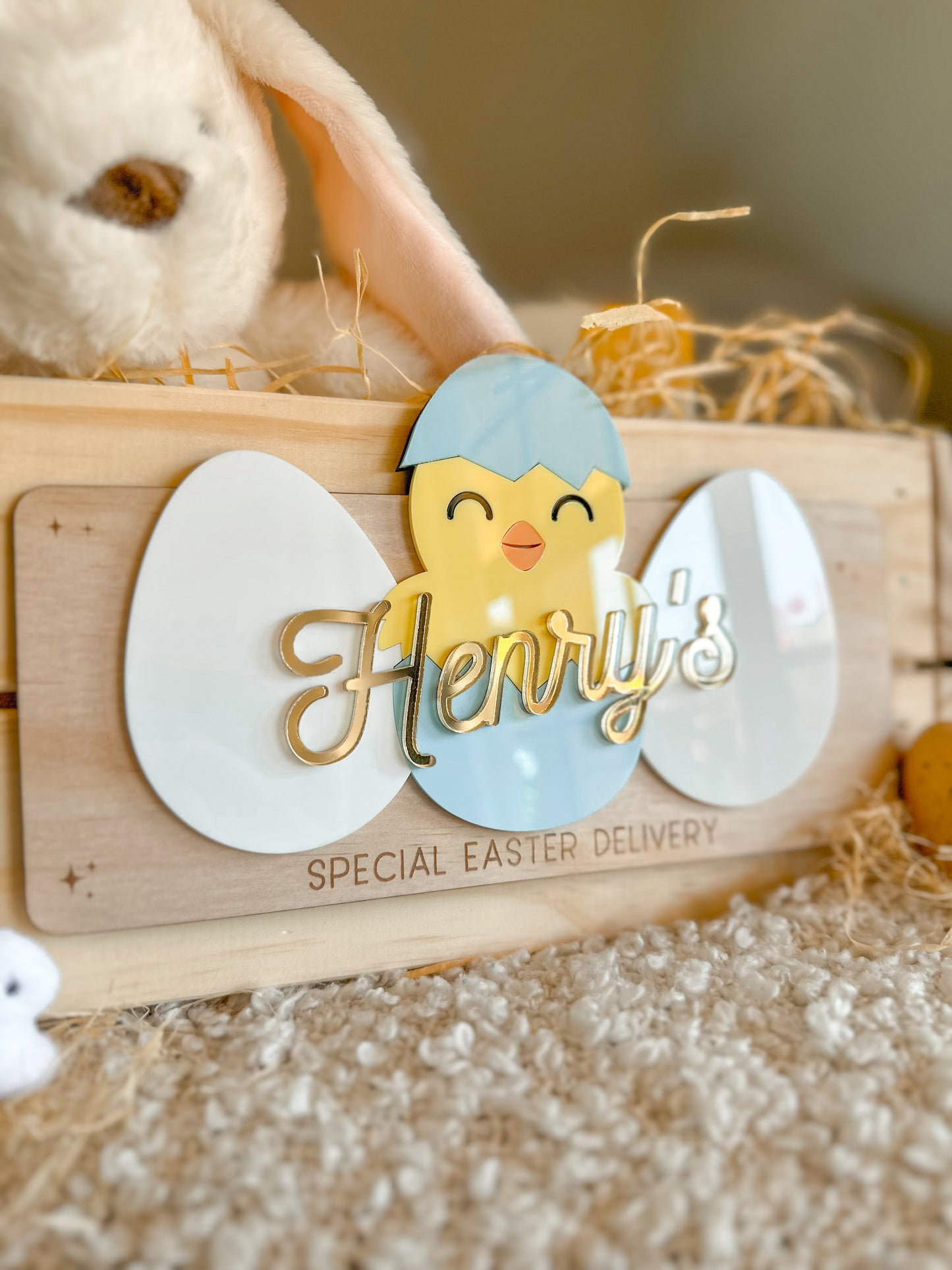 Personalised Easter Crate Plaque | Baby Chick & Easter Eggs Basket Name Sign