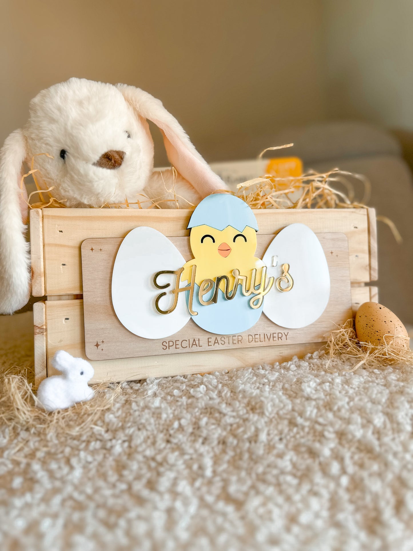Personalised Easter Crate Plaque | Baby Chick & Easter Eggs Basket Name Sign