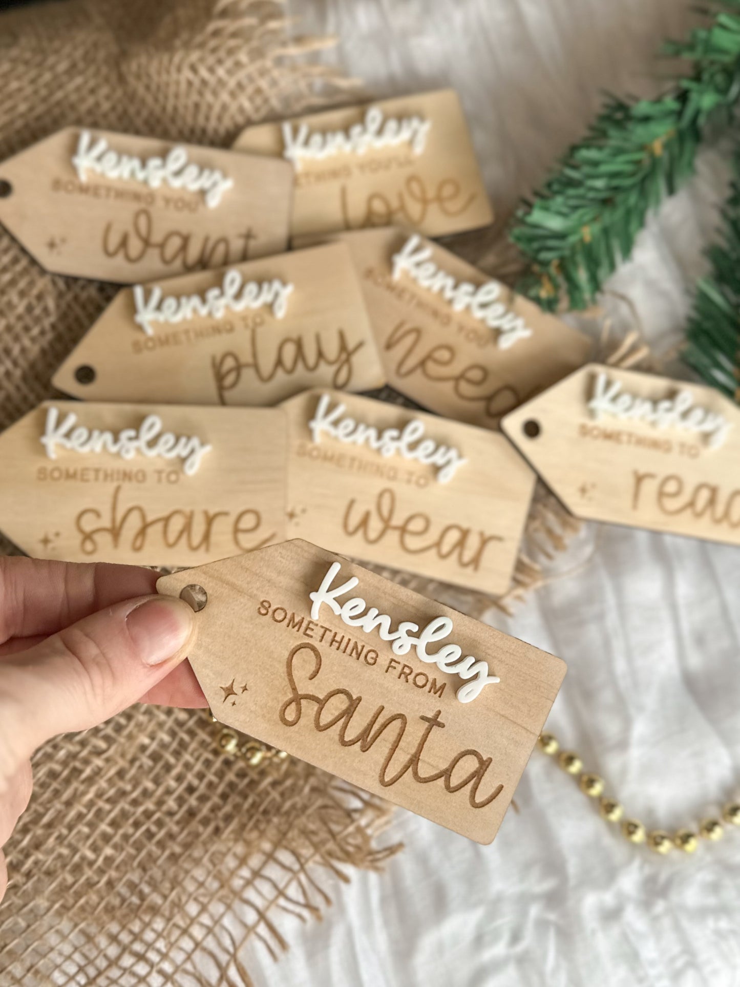 Personalised Christmas Gift Tags | Set of 8 | Mindful Wooden Tags | Want Need Wear Read Santa Love Play Share