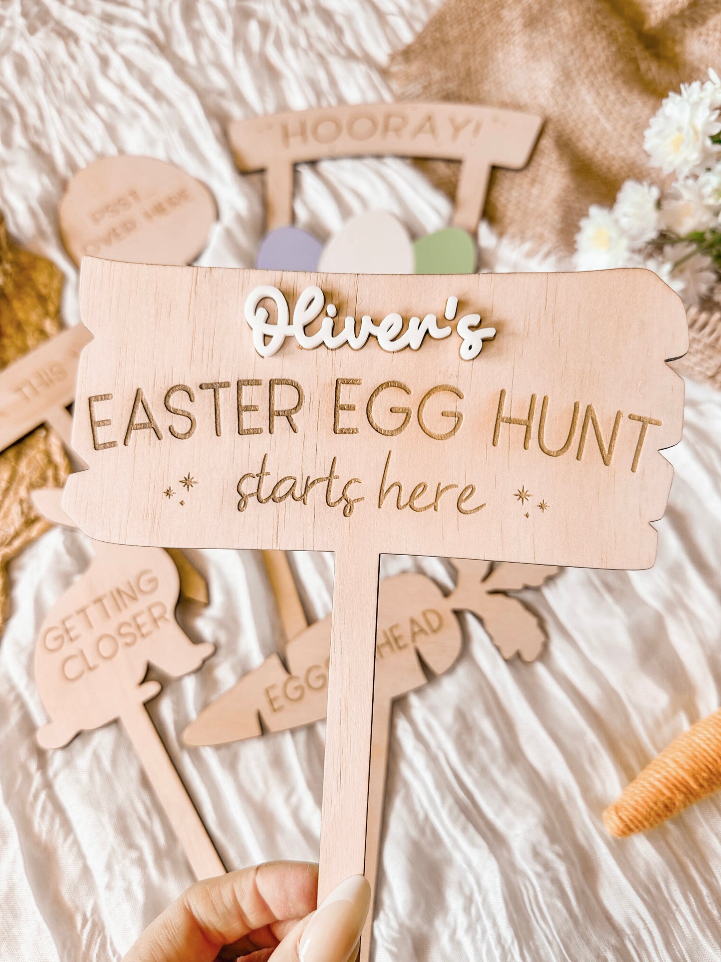 Personalised Easter Egg Hunt Wooden Sign Set | 7 Kids Easter Garden Stakes | Outdoor Easter Spike Decorations