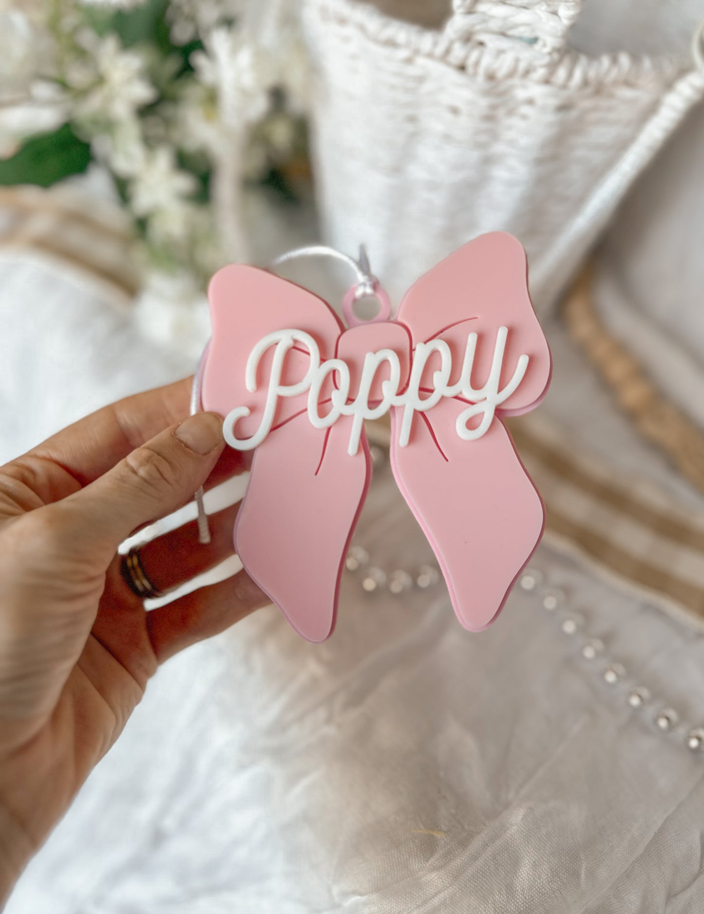 Personalised Acrylic Bow Bag Tag | Custom Name Backpack & Bag Tag | Ribbon Girls Easter Basket Tag