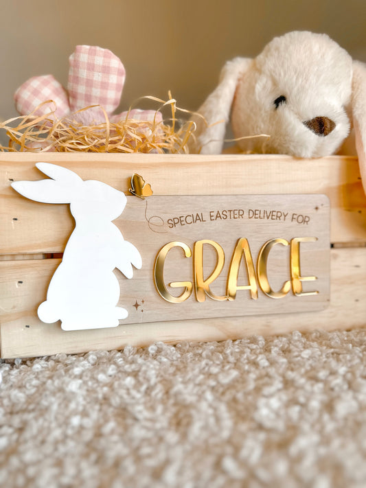 Personalised Easter Crate Plaque with Acrylic Bunny & Gold Butterfly | Custom Wooden Easter Basket Name Sign
