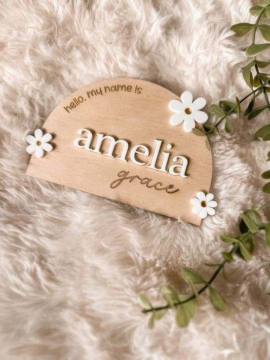 Personalised Baby Birth Name Announcement Plaque | Floral Wooden Nursery Sign