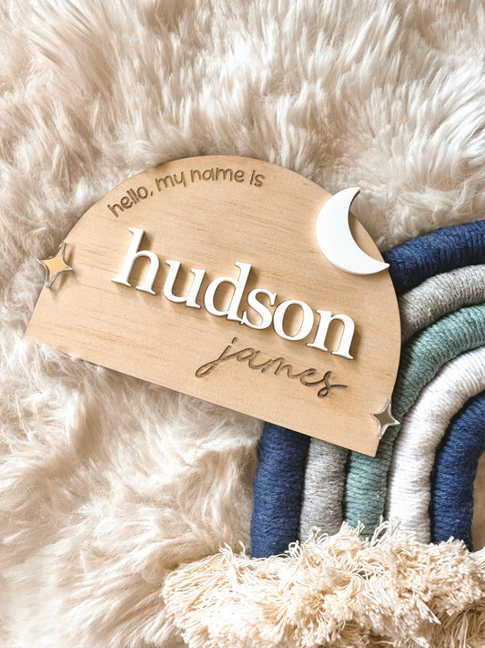 Personalised Baby Birth Name Announcement Plaque | Stars & Moon Wooden Sign