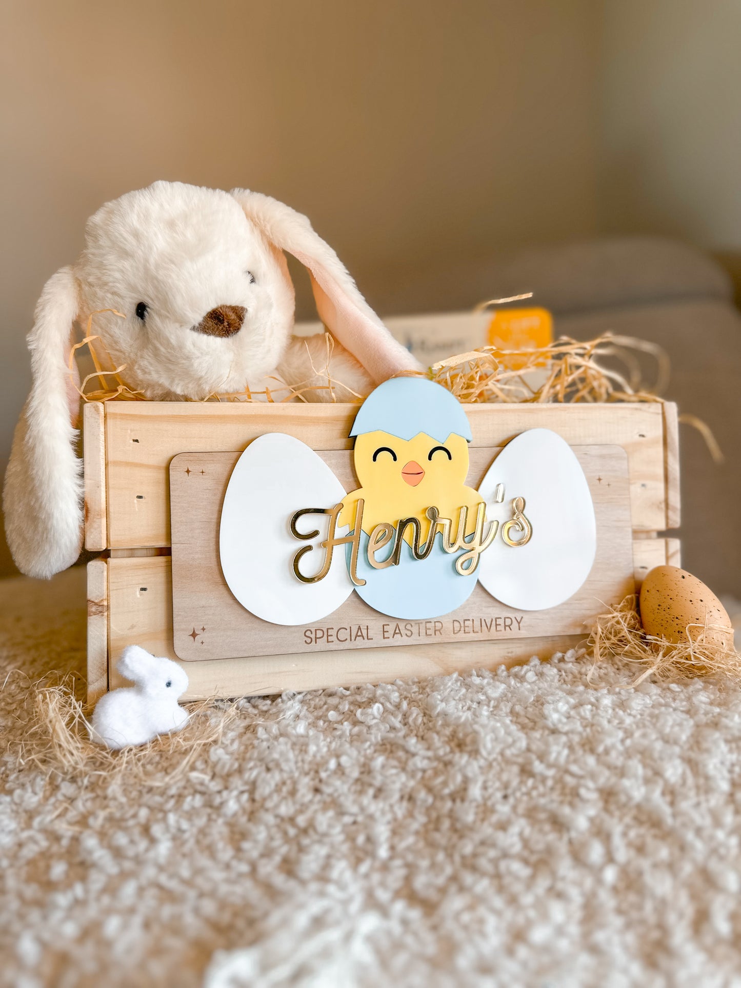 Personalised Easter Crate Plaque | Baby Chick & Easter Eggs Basket Name Sign