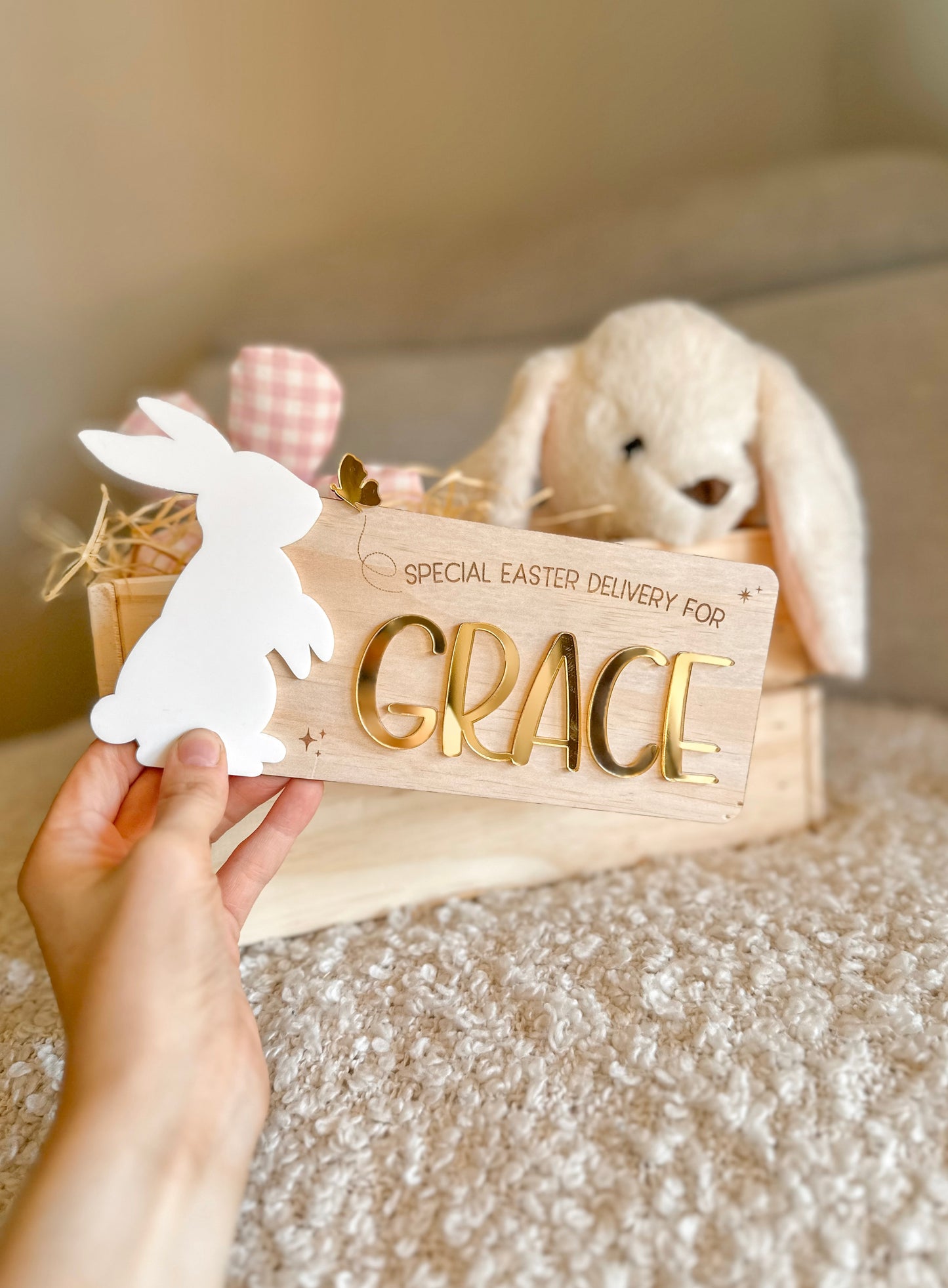 Personalised Easter Crate Plaque with Acrylic Bunny & Gold Butterfly | Custom Wooden Easter Basket Name Sign