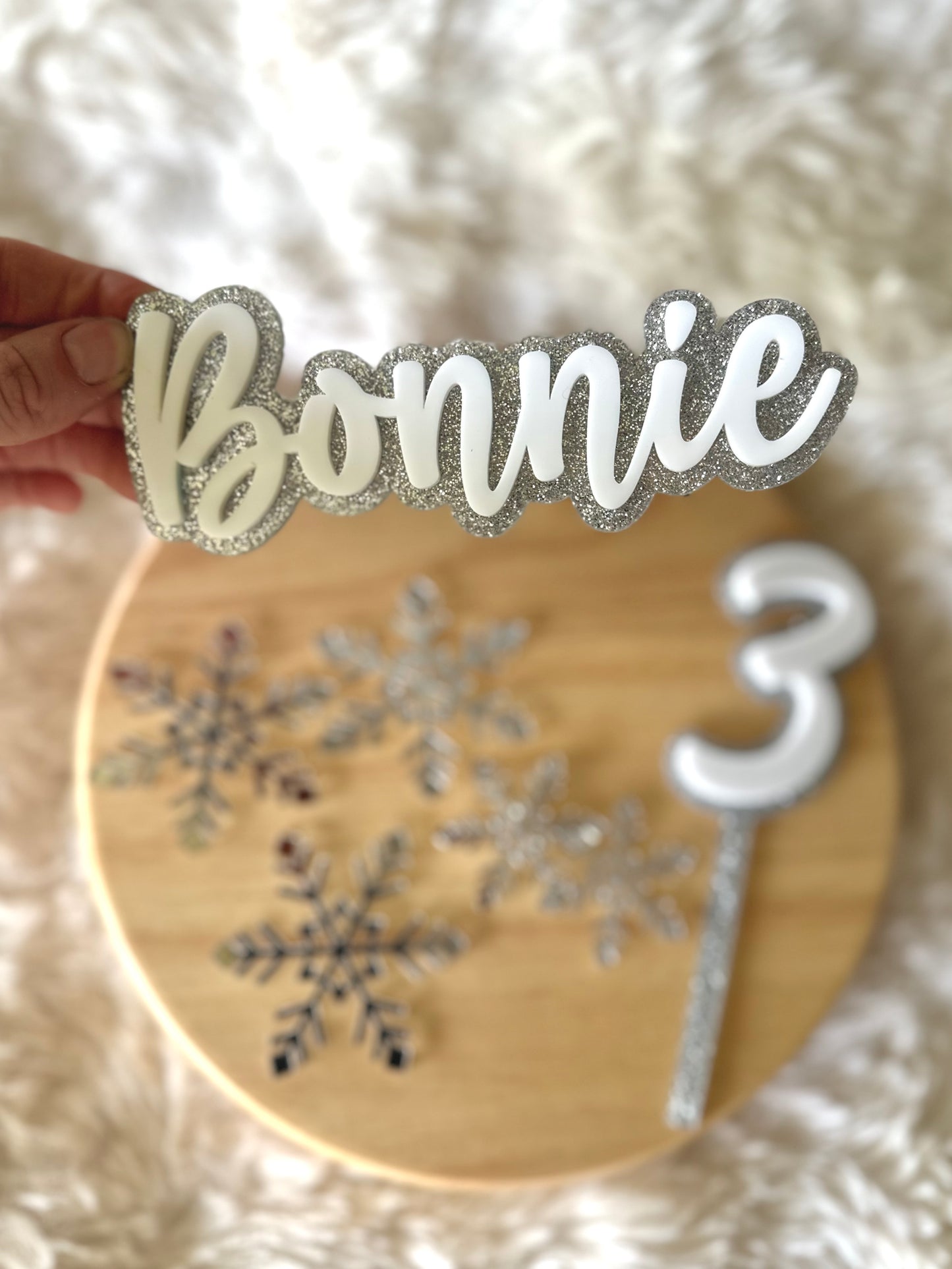 Ice Princess Cake Topper Set | Acrylic Name Fropper with Snowflakes | Winter Wonderland Birthday Cake Decorations