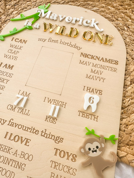 Wild One First Birthday Milestone Board | Personalised Wooden Engraved Party Sign