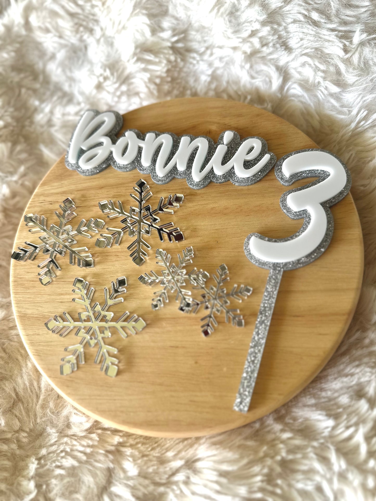 Ice Princess Cake Topper Set | Acrylic Name Fropper with Snowflakes | Winter Wonderland Birthday Cake Decorations