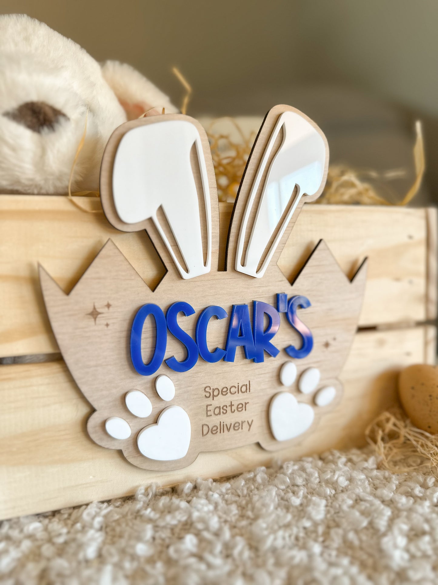 Personalised Easter Crate Plaque | Cracked Egg Bunny Design Easter Basket Name Sign